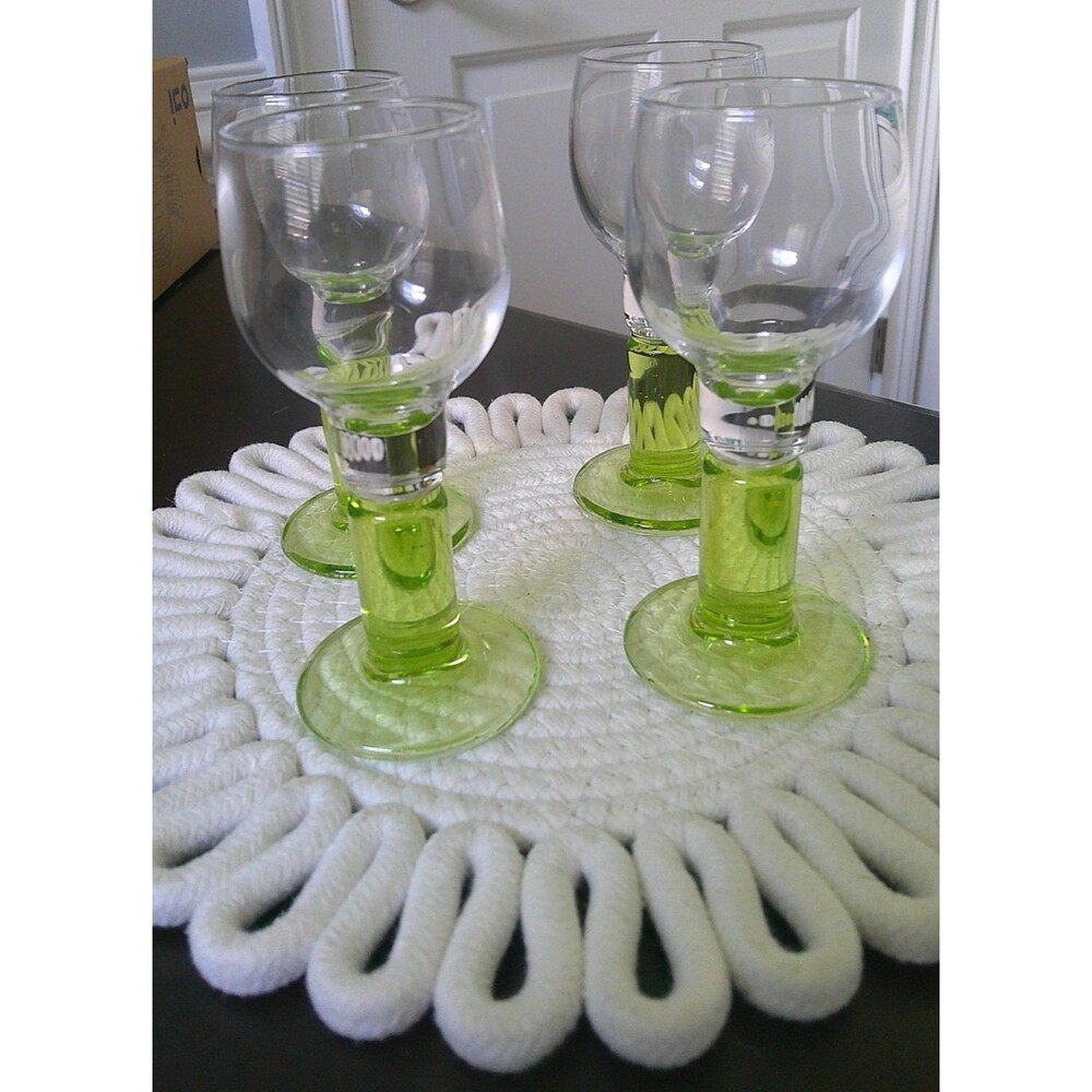 Vintage Bormioli Rocco Italy Clear with Green Stem Cordial Glasses 5" Set of 4